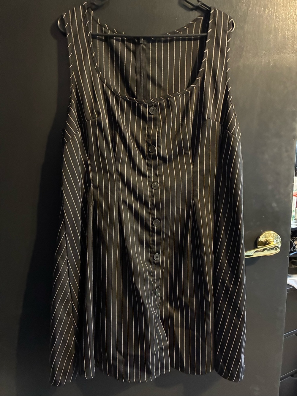 Black Pinstripe Button-Front Sleeveless Dress
